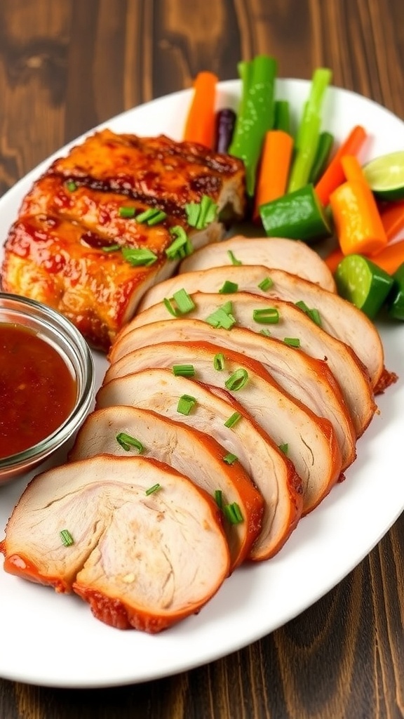 Crispy Air Fryer Pork Belly Recipe Crispy air fryer pork belly slices on a plate, garnished with herbs and served with dipping sauce.